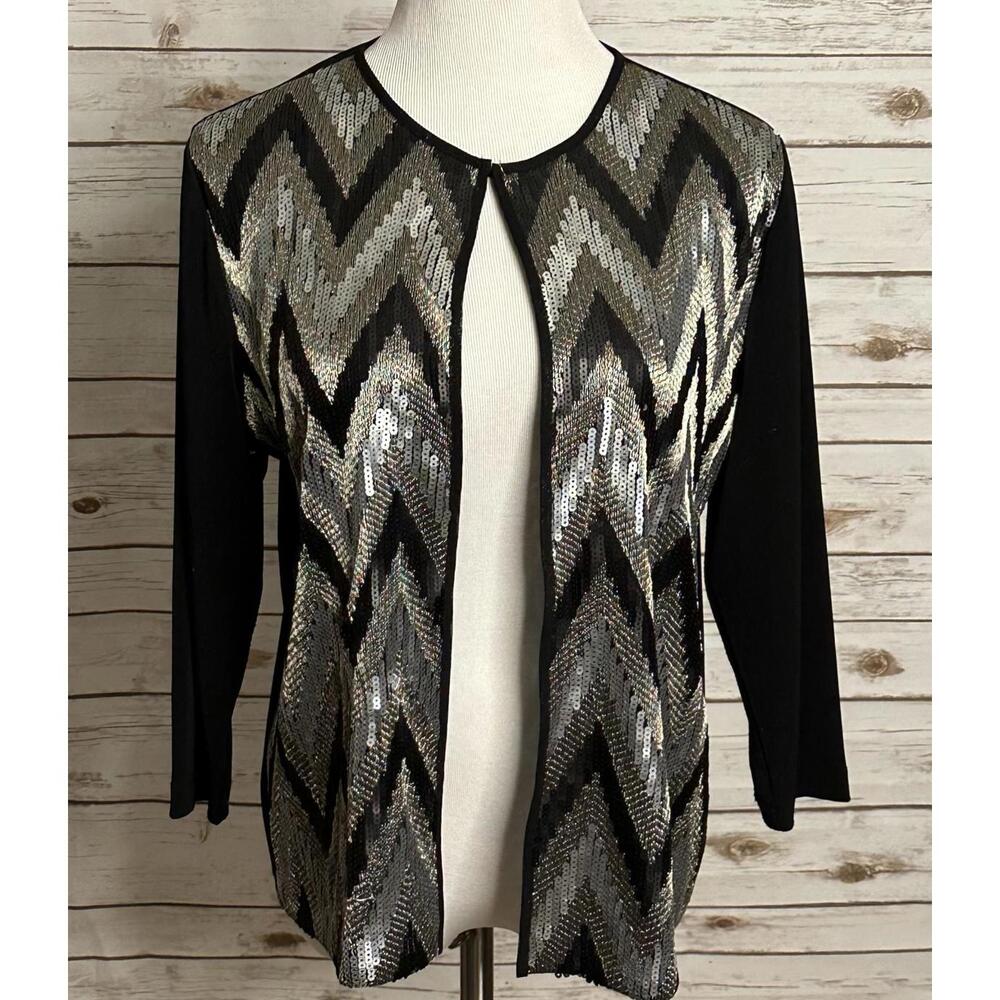 Travelers by Chico's black/silver sequin chevron open front jacket Size 2/L/12